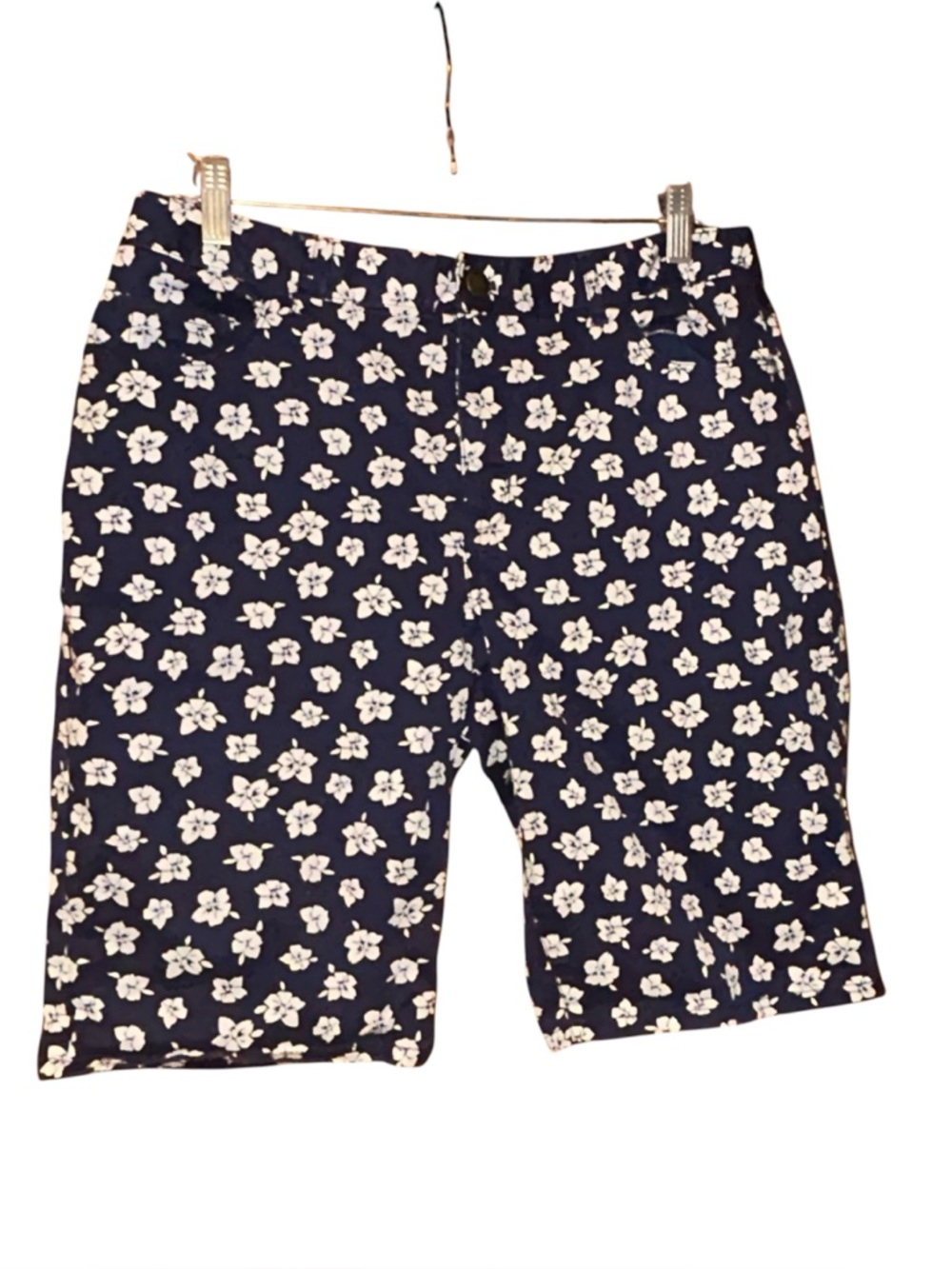 Coldwater Creek Floral Bermuda Shorts Navy White‎ 12 Natural Fit Cotton Stretch